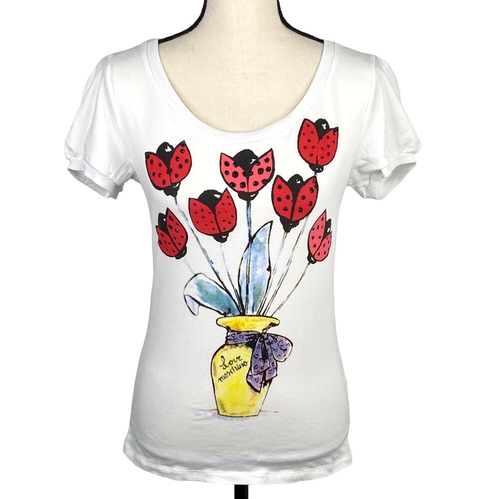 Love Moschino Women’s White Love Floral Yellow Vase T Shirt US Size 6